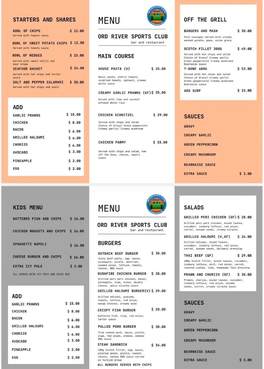 Menu, Ord River Sports Club (Sporties)