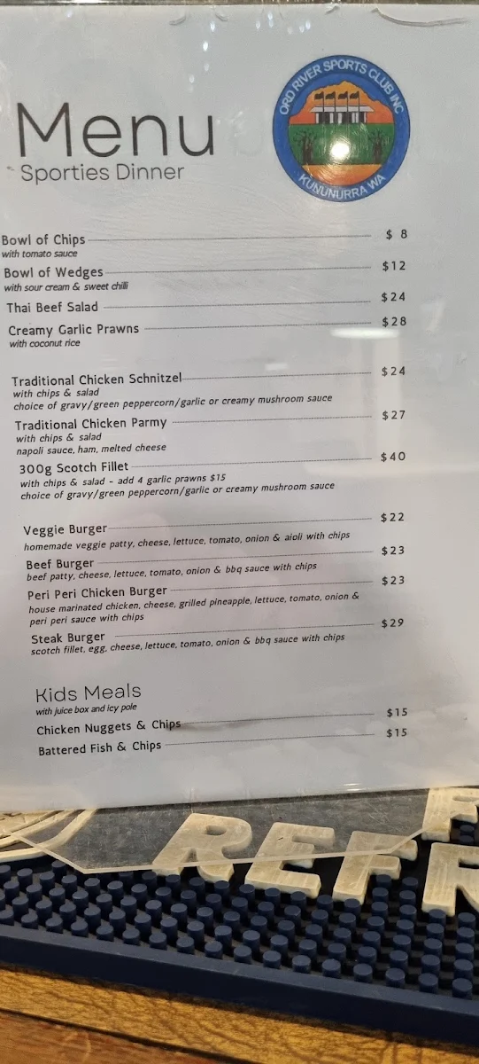 Menu, Ord River Sports Club (Sporties)
