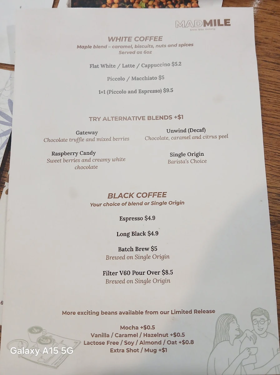 Menu, Mad Mile Coffee