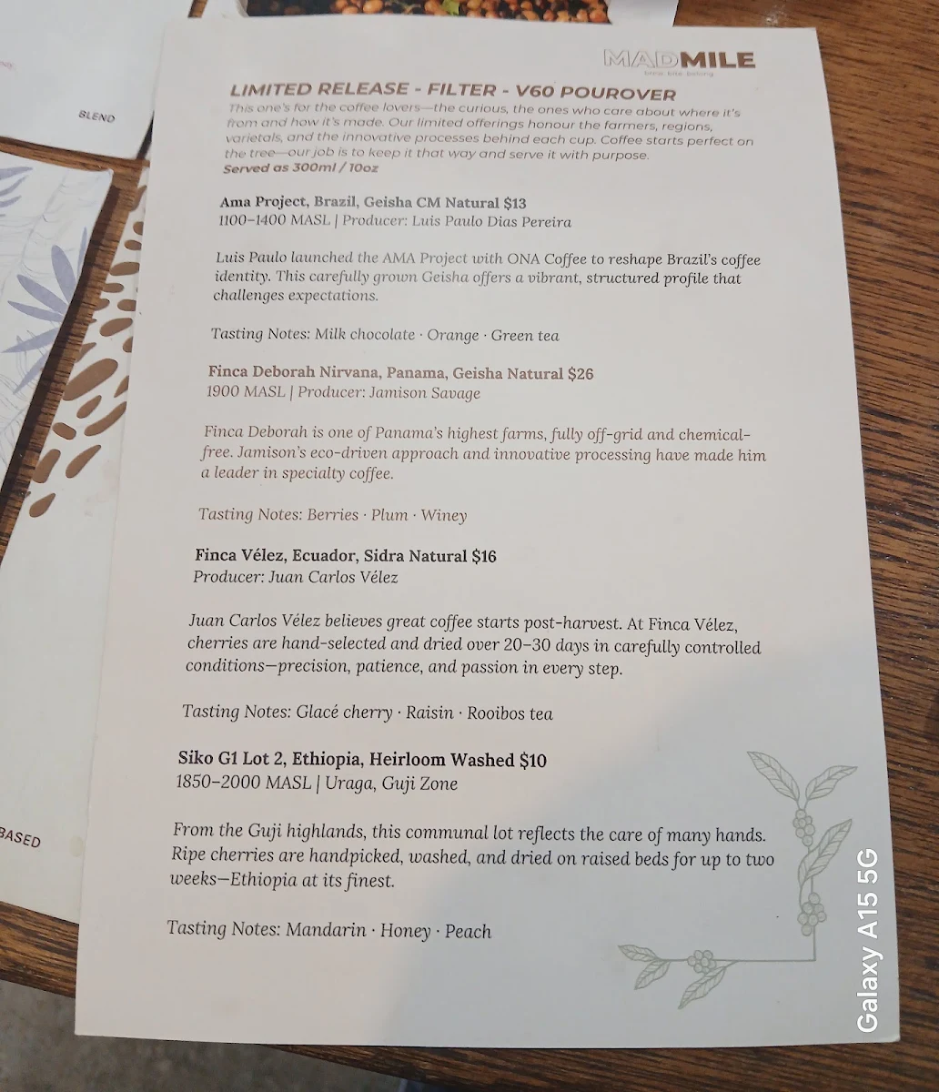 Menu, Mad Mile Coffee