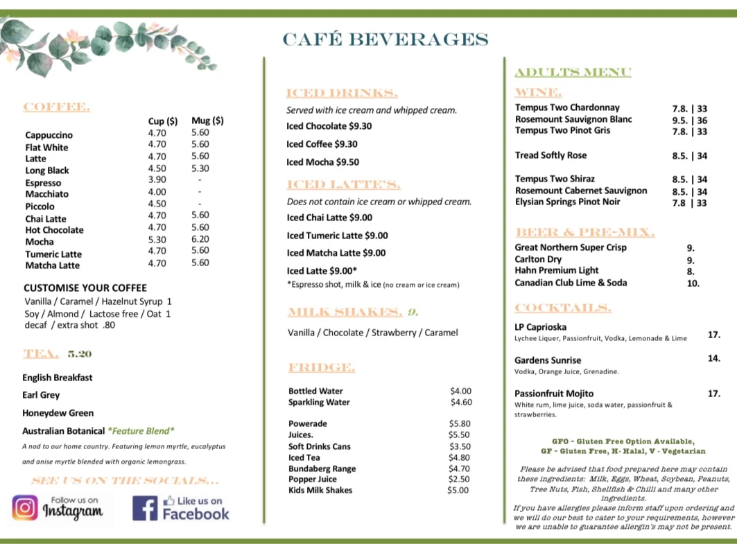 Menu, The Garden's Cafe Mount Annan