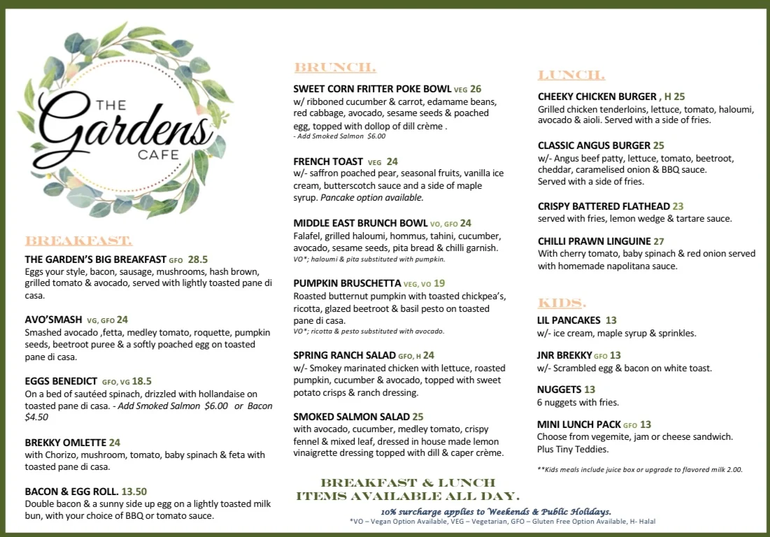 Menu, The Garden's Cafe Mount Annan