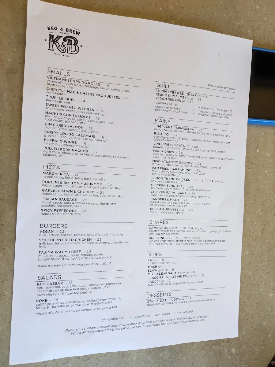 Menu, Keg & Brew Hotel
