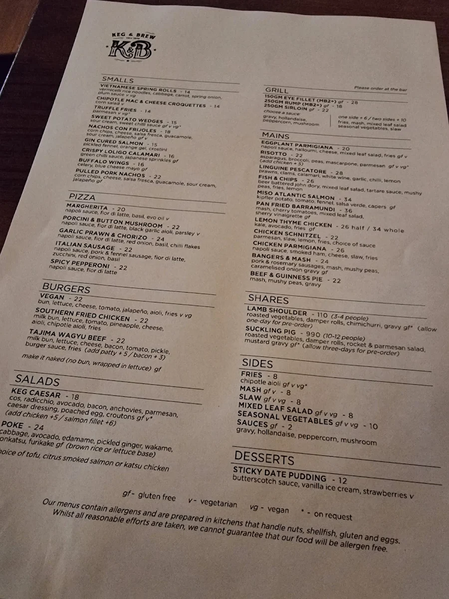 Menu, Keg & Brew Hotel