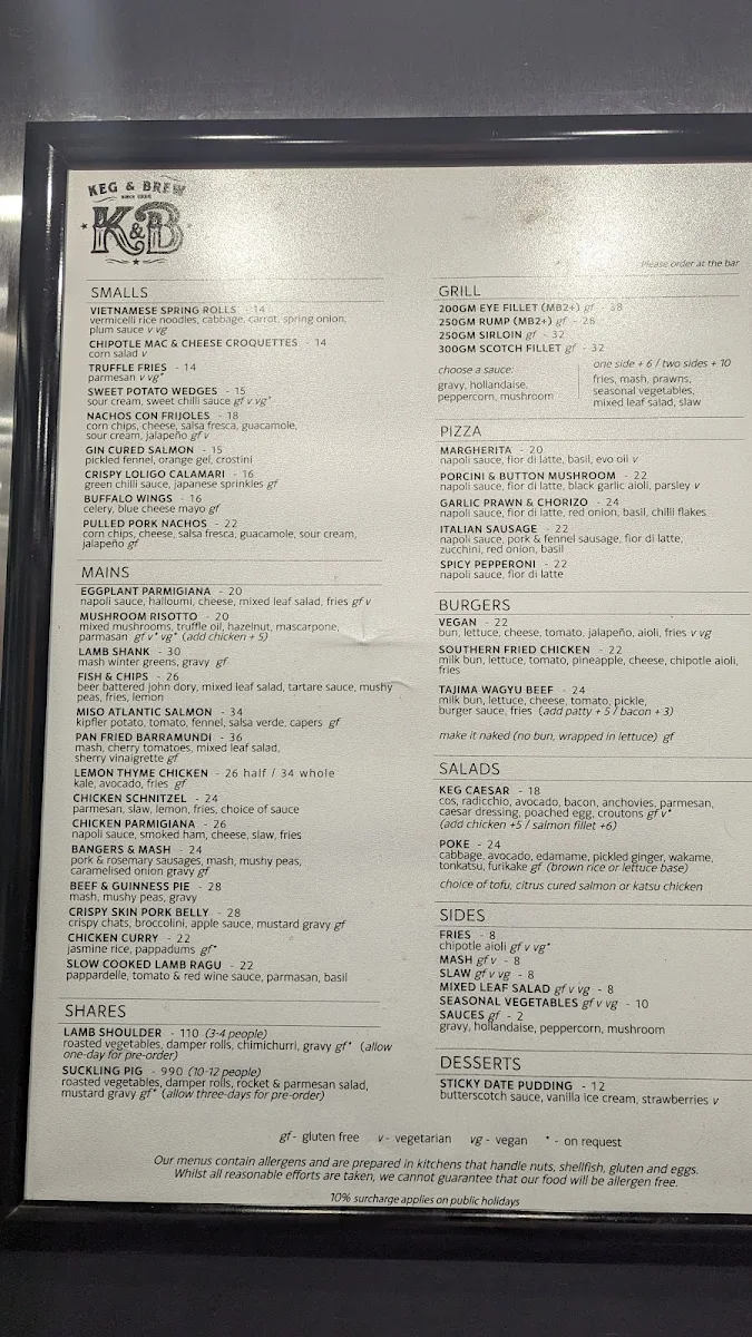 Menu, Keg & Brew Hotel