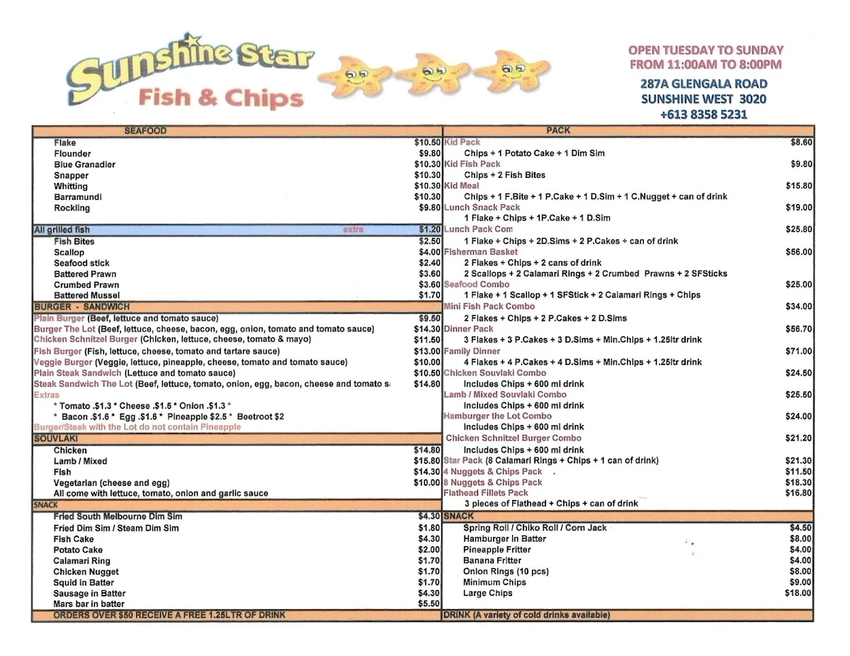 Menu, Sunshine Star Fish & Chips