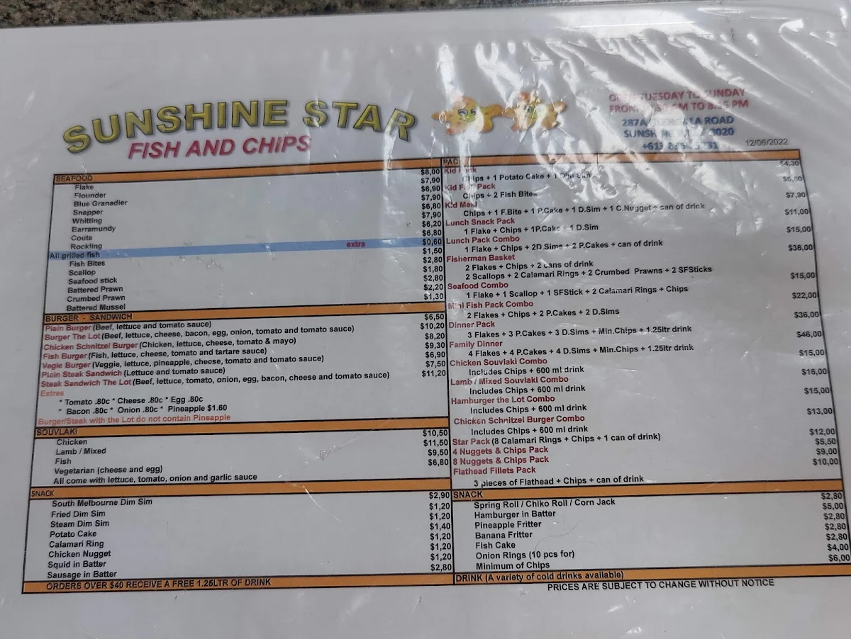Menu, Sunshine Star Fish & Chips