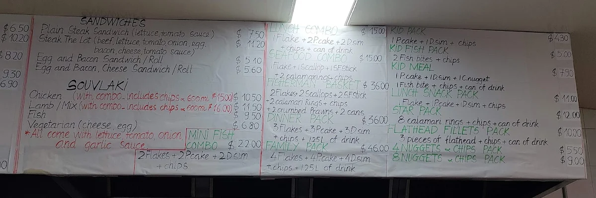 Menu, Sunshine Star Fish & Chips