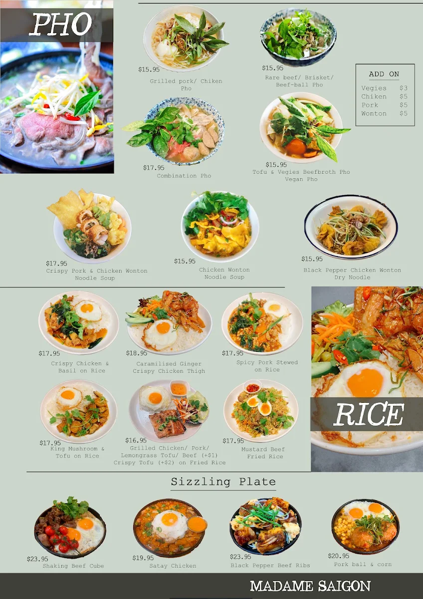 Menu, Madame Saigon Vietnamese Restaurant