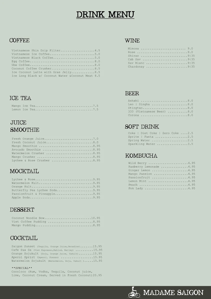 Menu, Madame Saigon Vietnamese Restaurant