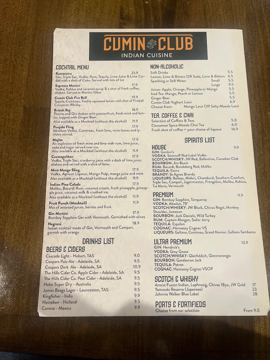 Menu, Cumin Club Modbury