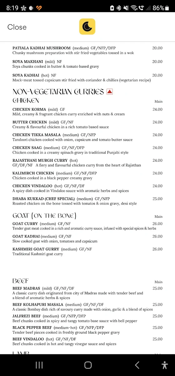 Menu, Cumin Club Modbury