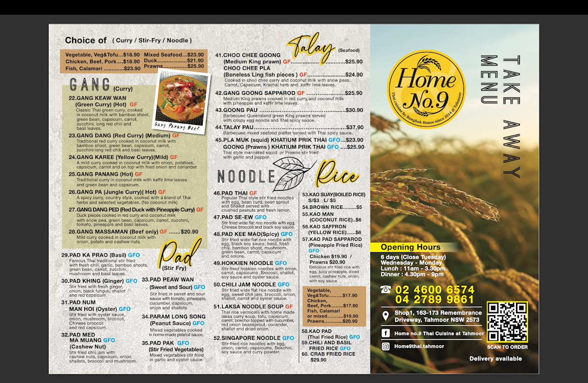 Menu, Homeno.9 Thai Tahmoor
