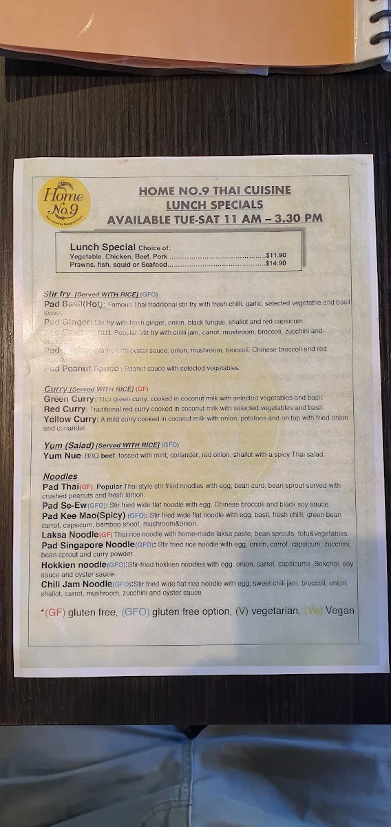 Menu, Homeno.9 Thai Tahmoor