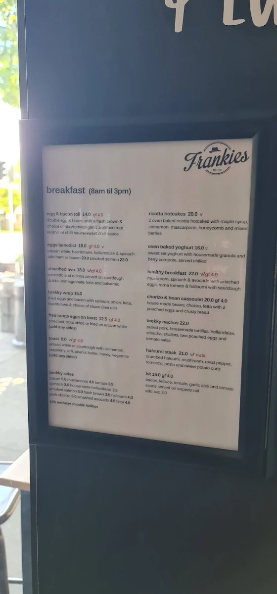 Menu, Frankies At Forde