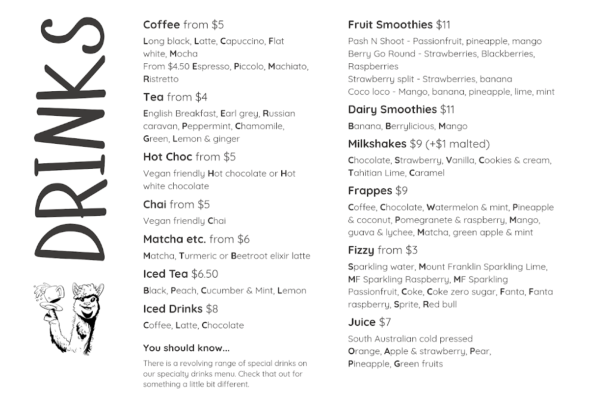 Menu, Alpacaccinos