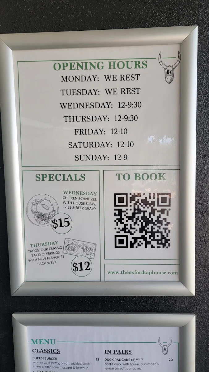 Menu, Oxford Tap House