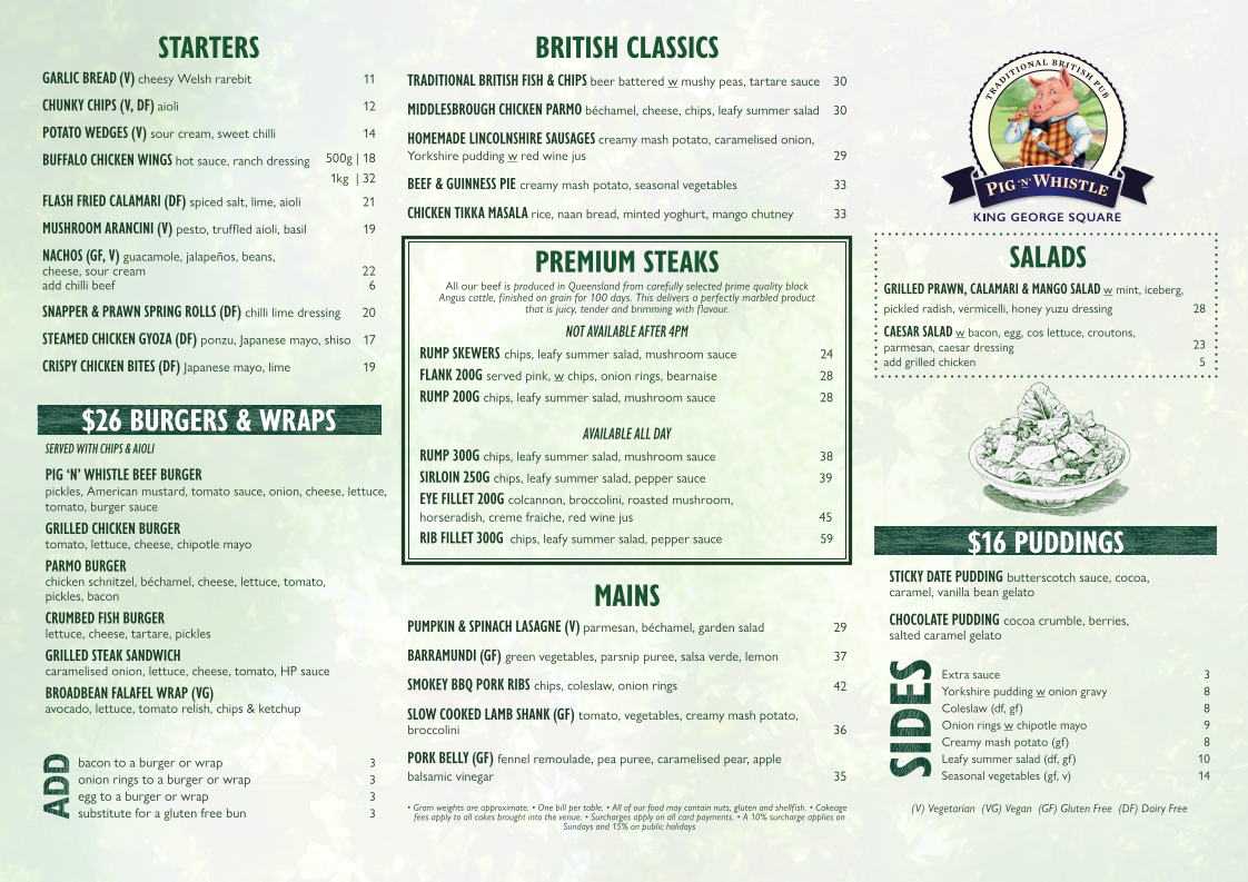 Menu, Pig 'N' Whistle King George Square