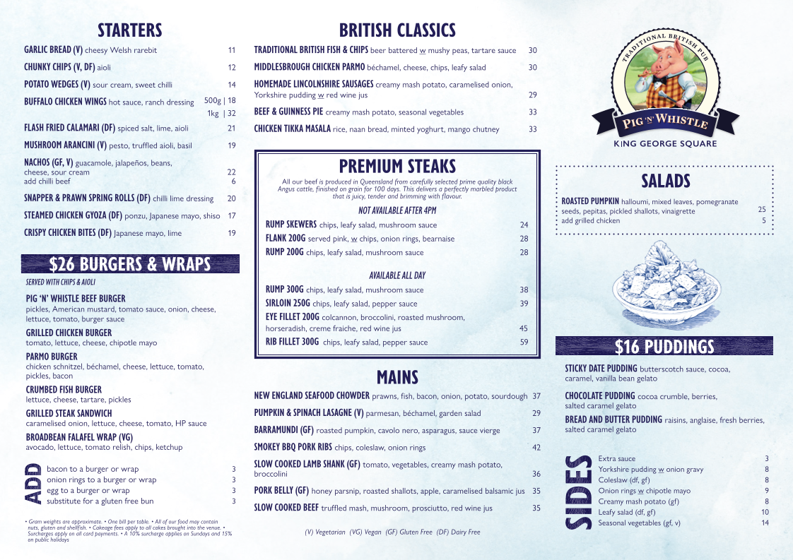 Menu, Pig 'N' Whistle King George Square