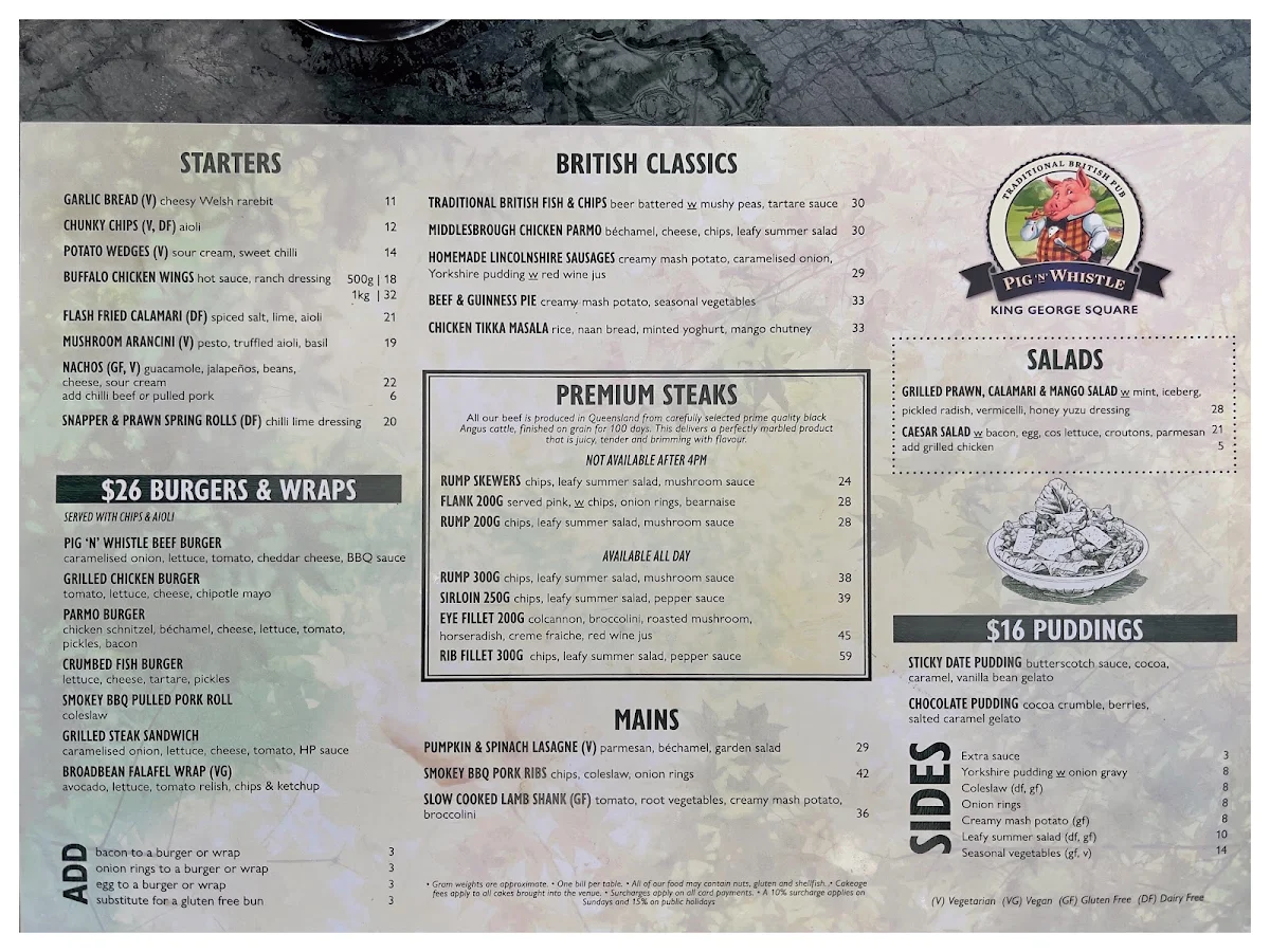 Menu, Pig 'N' Whistle King George Square