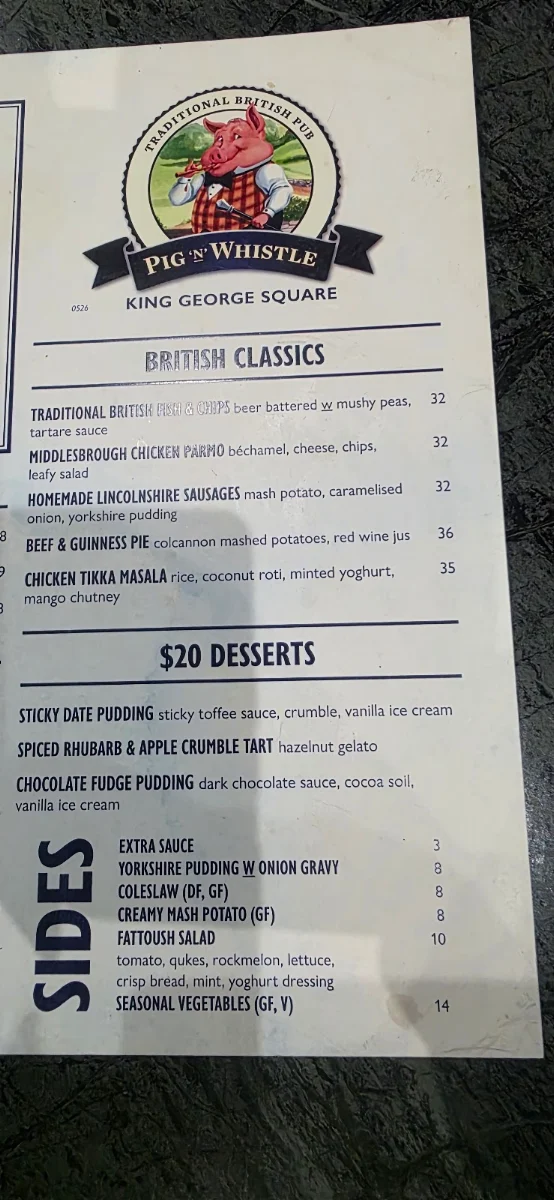 Menu, Pig 'N' Whistle King George Square