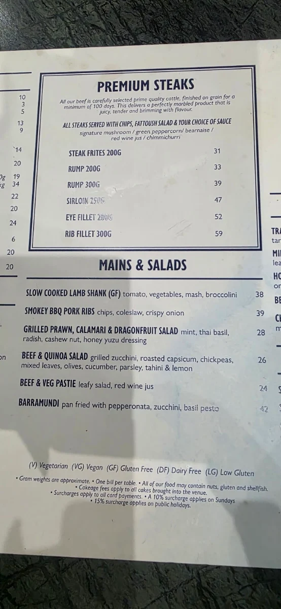 Menu, Pig 'N' Whistle King George Square