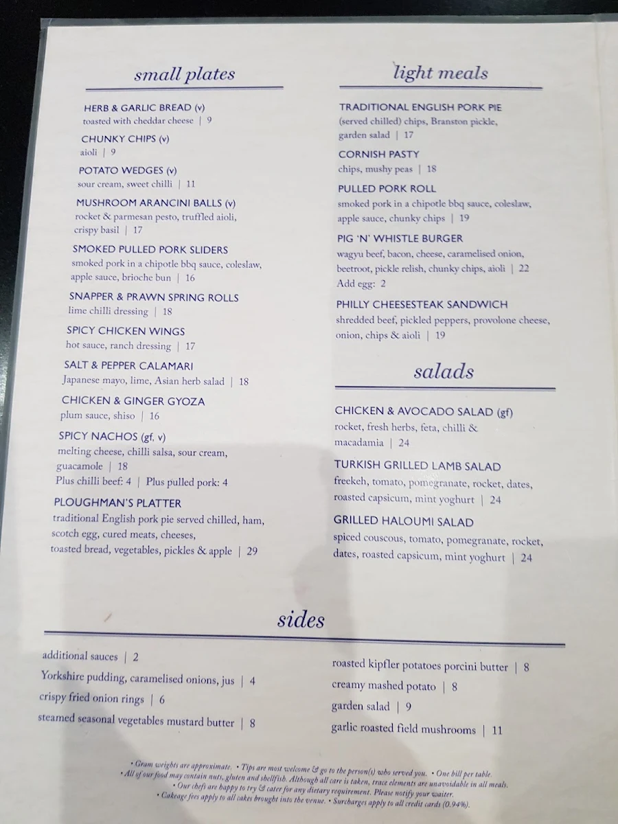 Menu, Pig 'N' Whistle King George Square