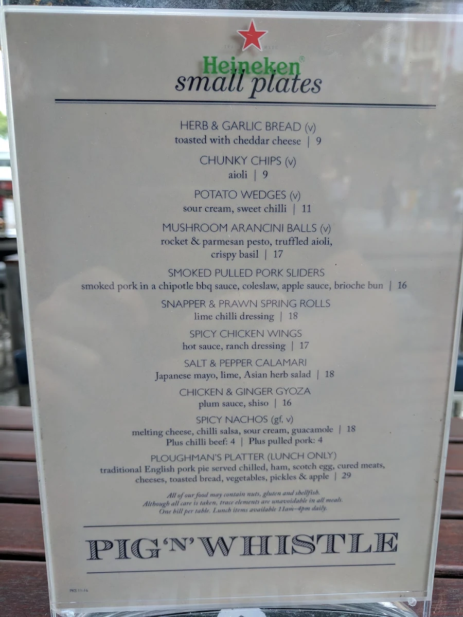 Menu, Pig 'N' Whistle King George Square