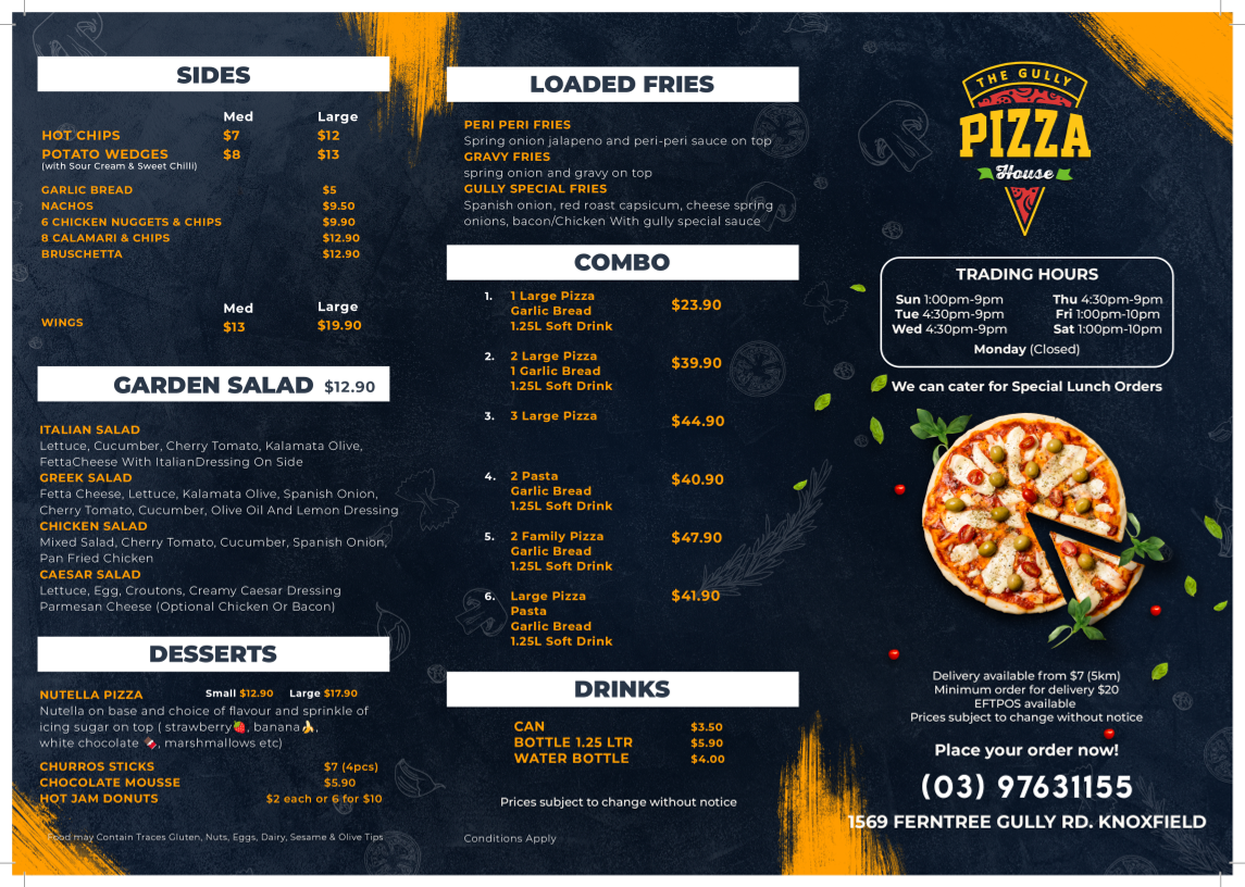 Menu, The Gully Pizza House
