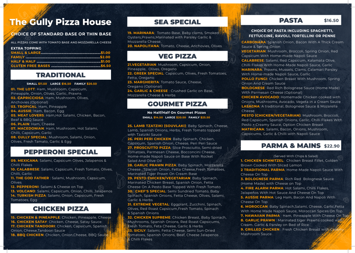 Menu, The Gully Pizza House