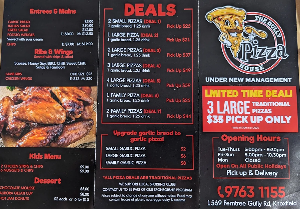 Menu, The Gully Pizza House
