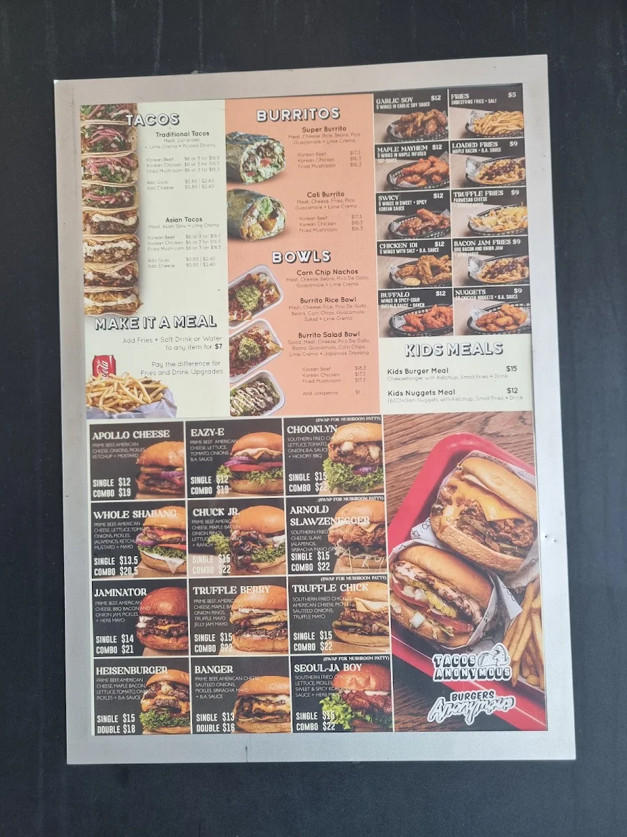 Menu, Burgers Anonymous x Tacos Anonymous Sydenham