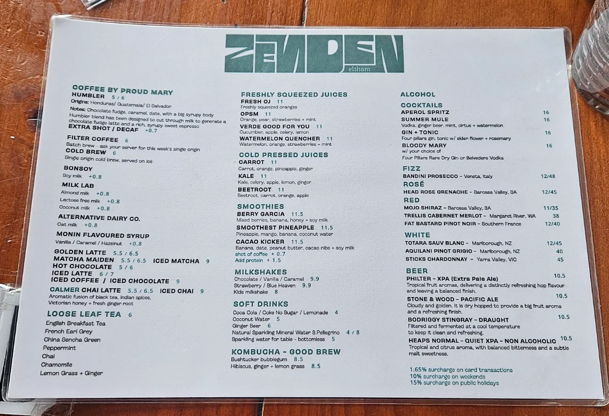 Menu, Cafe Zen Den