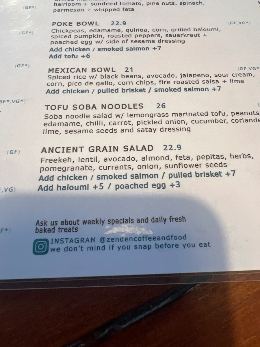 Menu, Cafe Zen Den