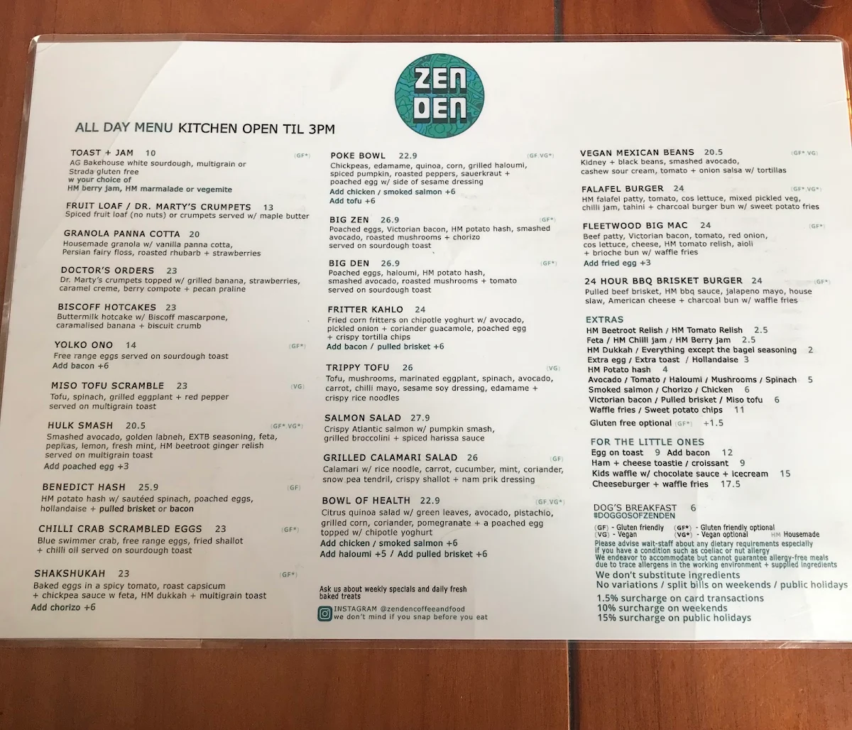Menu, Cafe Zen Den
