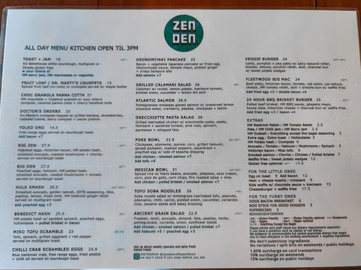 Menu, Cafe Zen Den