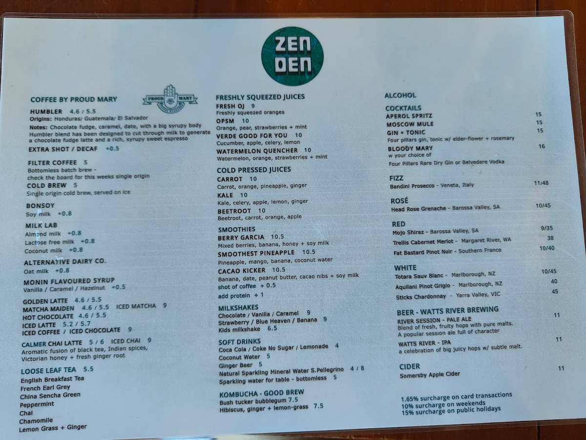 Menu, Cafe Zen Den
