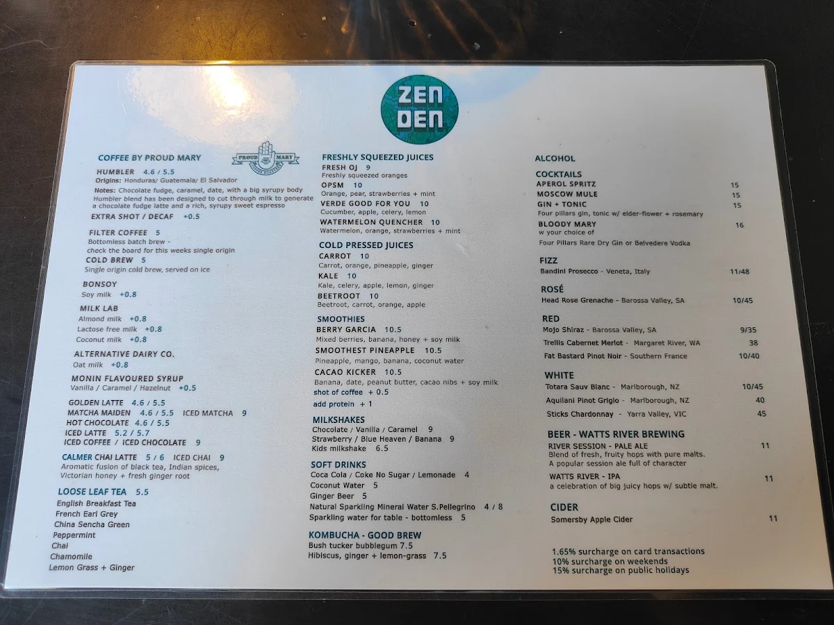 Menu, Cafe Zen Den