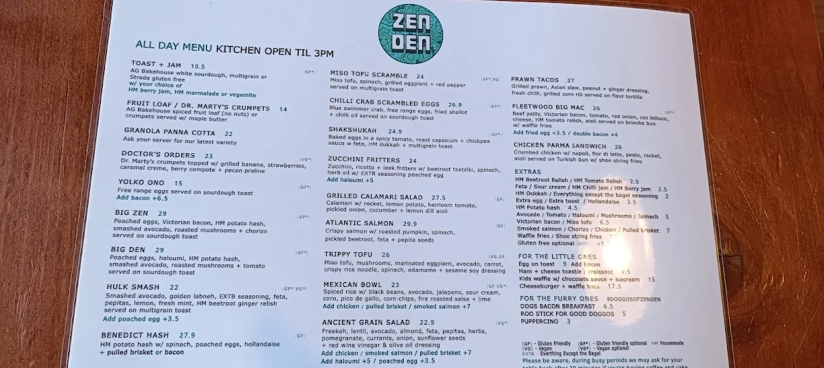 Menu, Cafe Zen Den