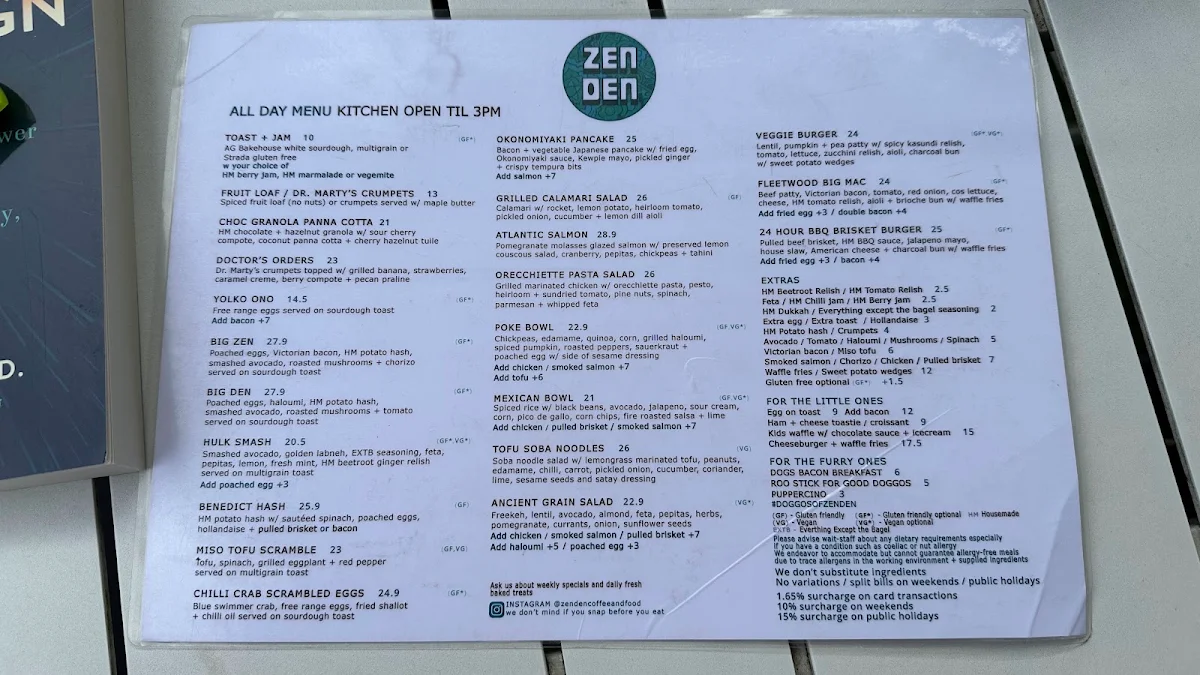 Menu, Cafe Zen Den