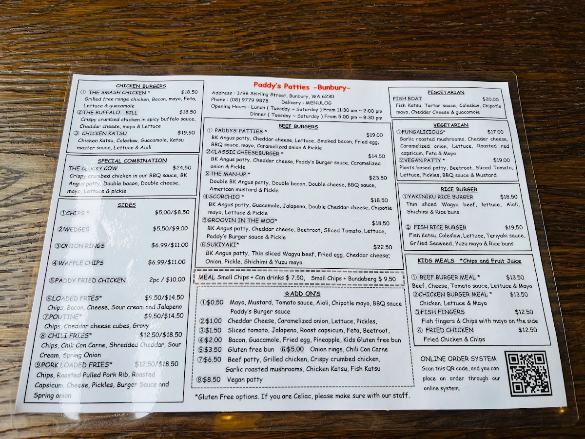 Menu, Paddy's Patties