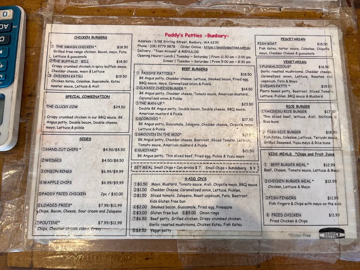 Menu, Paddy's Patties