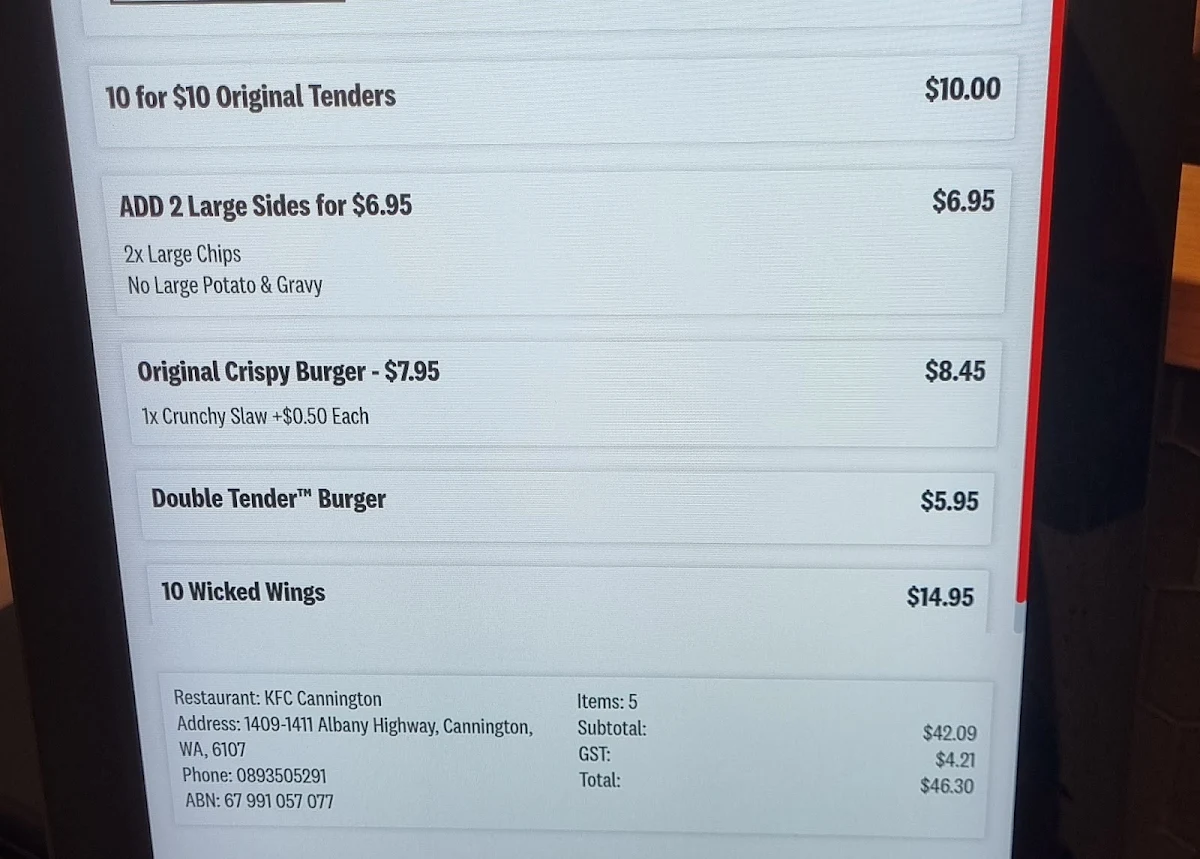Menu, KFC Cannington