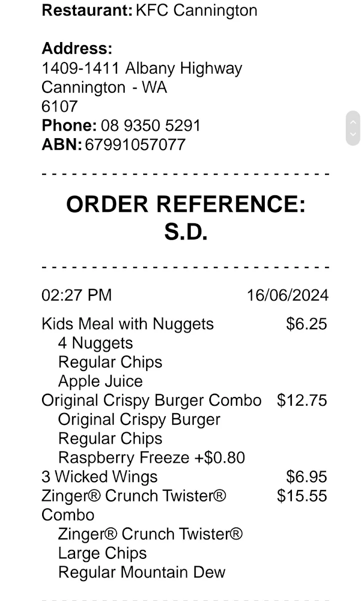 Menu, KFC Cannington