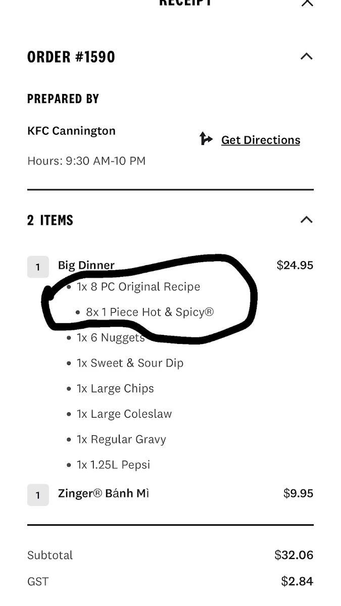Menu, KFC Cannington