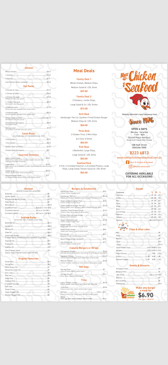Menu, Hutt Street Chicken and Seafood