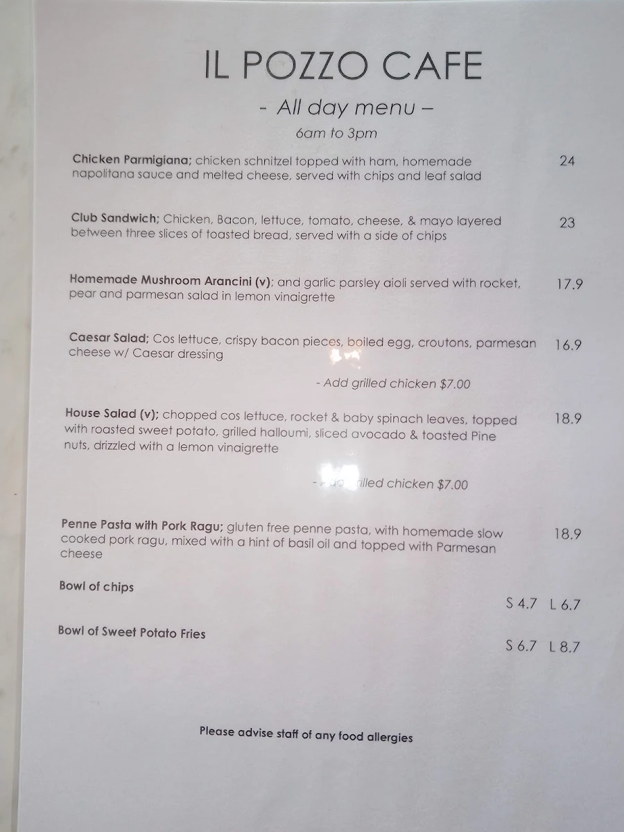 Menu, il Pozzo Cafe