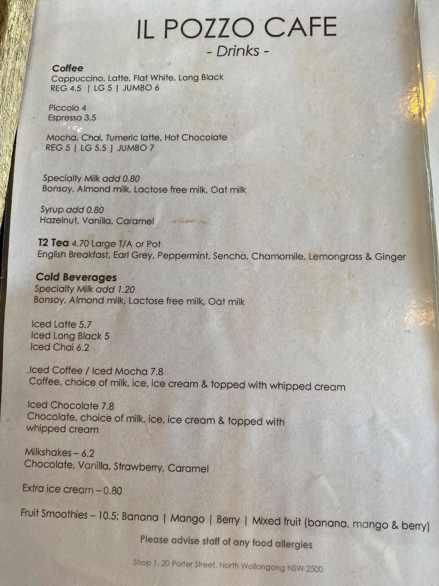 Menu, il Pozzo Cafe