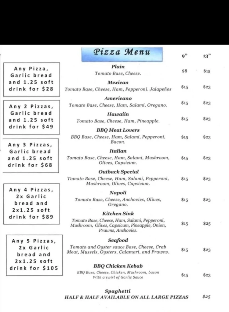 Menu, Outback Pizza