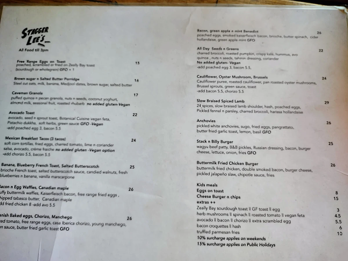 Menu, Stagger Lee's Fitzroy